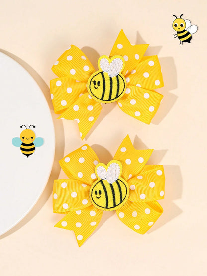 2pcs Cute Honey Bee Hair Clips For Girls Adorable Bee Patch Hair Bows White Polka Dot Bow Alligator Clips With Fully Lined Yellow Grosgrain Ribbon Bow Hairpins Lovely Spring Barrettes Girls Holiday Pa