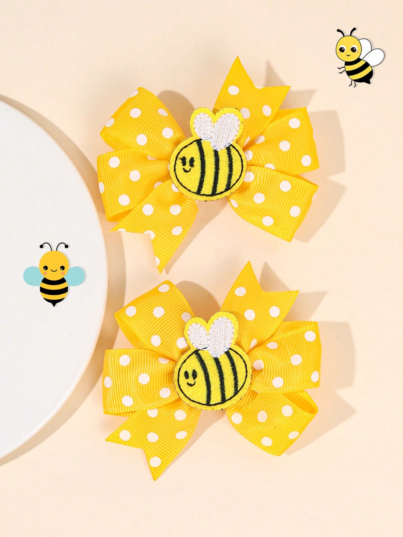 2pcs Cute Honey Bee Hair Clips For Girls Adorable Bee Patch Hair Bows White Polka Dot Bow Alligator Clips With Fully Lined Yellow Grosgrain Ribbon Bow Hairpins Lovely Spring Barrettes Girls Holiday Pa