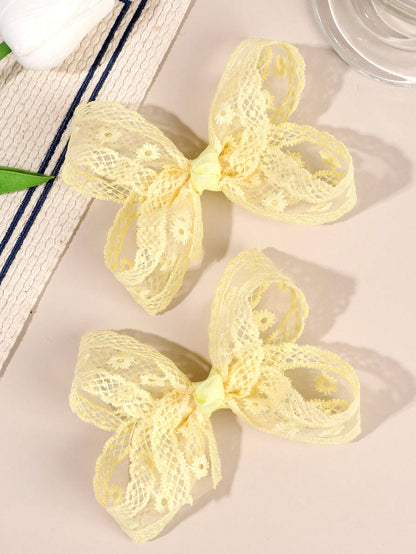 2pcs Girls Lace Bow Yellow Embroidered Flower Hair Clips Elegant Wedding Party Hair Accessories Fairy Hair Ornaments Baby Hair Accessories Spring Summer