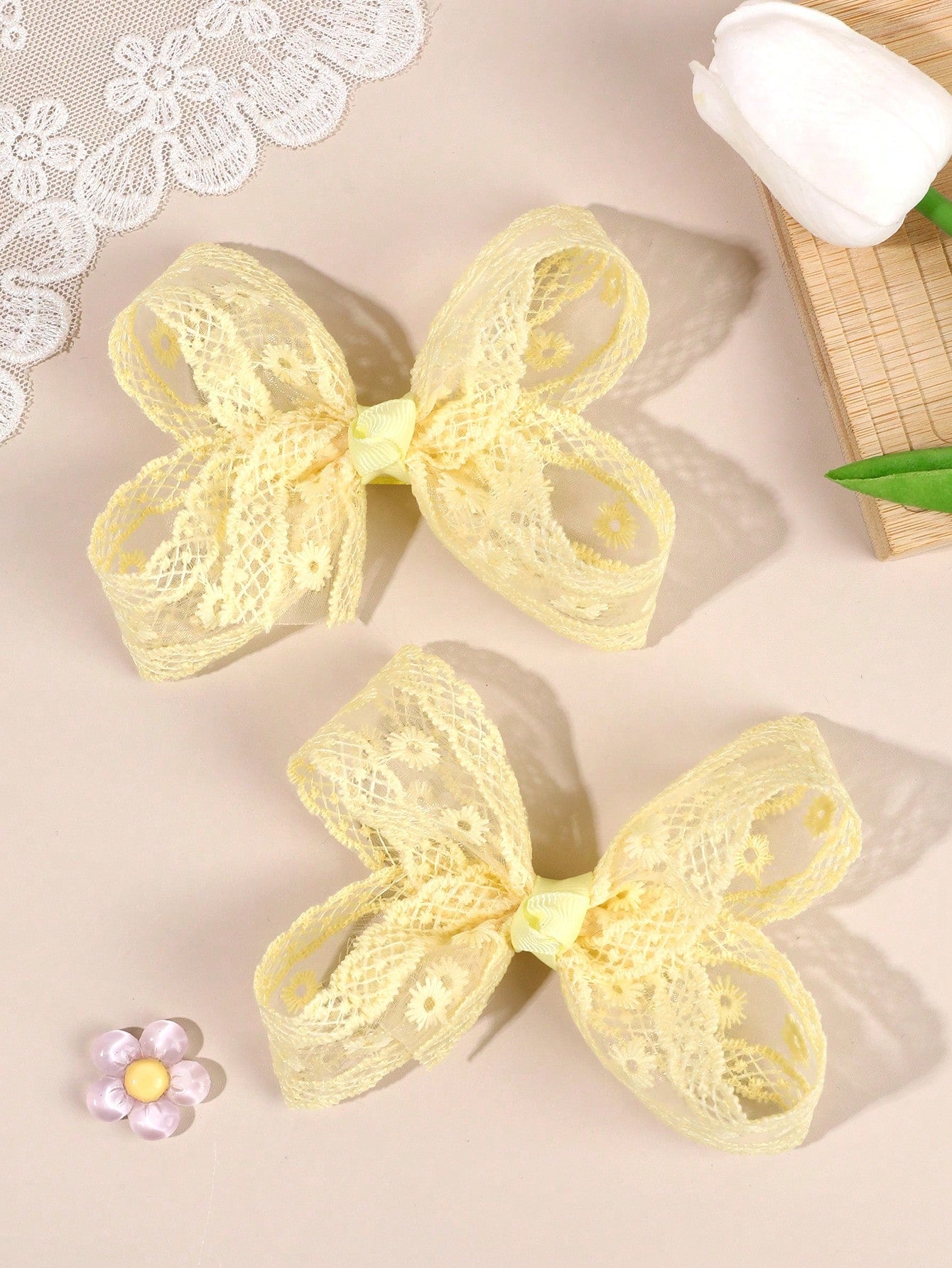 2pcs Girls Lace Bow Yellow Embroidered Flower Hair Clips Elegant Wedding Party Hair Accessories Fairy Hair Ornaments Baby Hair Accessories Spring Summer