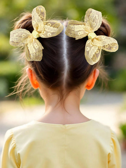 2pcs Girls Lace Bow Yellow Embroidered Flower Hair Clips Elegant Wedding Party Hair Accessories Fairy Hair Ornaments Baby Hair Accessories Spring Summer