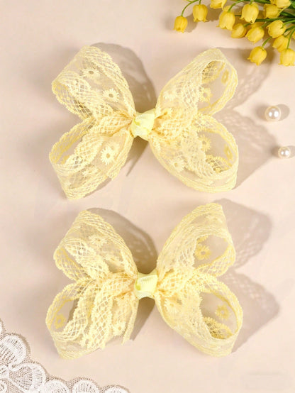 2pcs Girls Lace Bow Yellow Embroidered Flower Hair Clips Elegant Wedding Party Hair Accessories Fairy Hair Ornaments Baby Hair Accessories Spring Summer