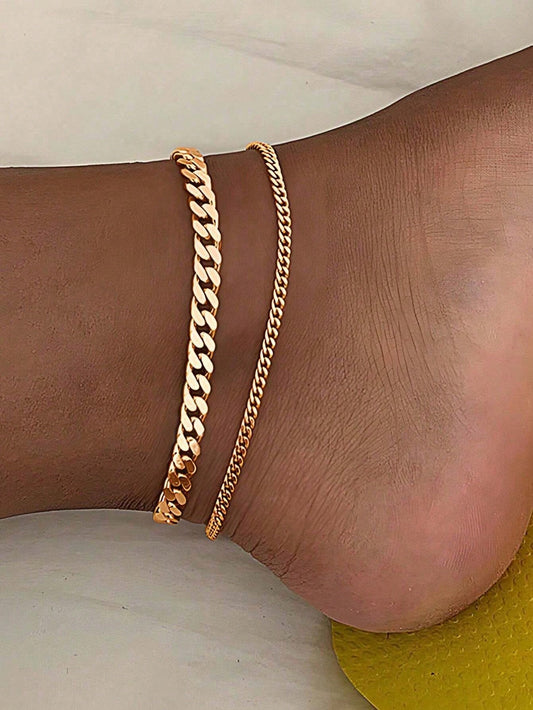 2pcs Gold Multi-Layer Chain Unique Design Anklet, Beach & Street Style, Suitable For Women's Daily Wear, Great Gift For Female Friends