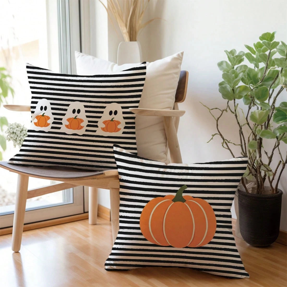 2pcs Halloween Black & White Striped Pumpkin Cartoon Ghost Pattern Pillow Covers, Single-Sided Printed Skin-Friendly Peach Skin Velvet Material, 45*45CM Pillow Covers Suitable For Home Room Bedroom Li