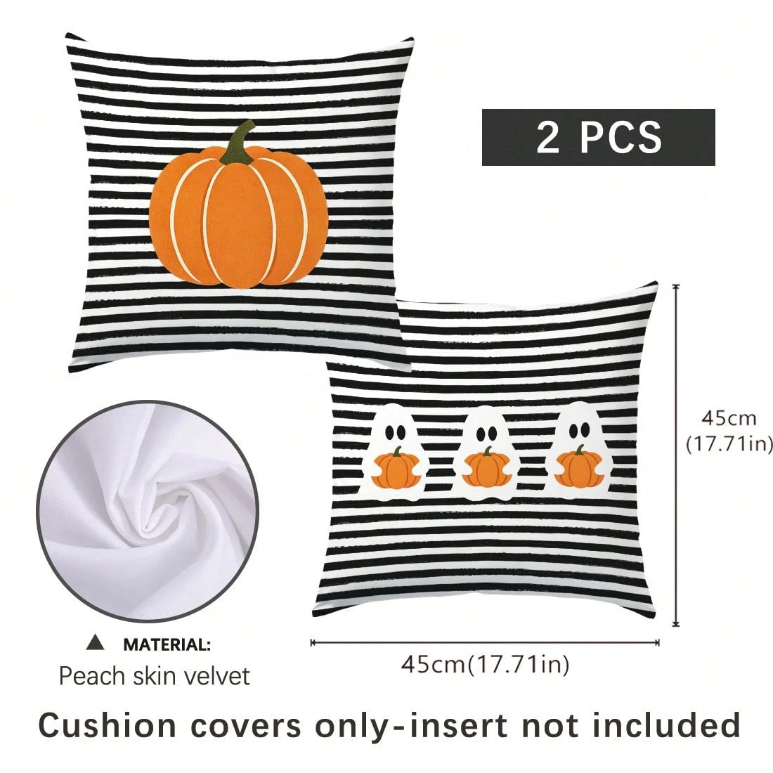 2pcs Halloween Black & White Striped Pumpkin Cartoon Ghost Pattern Pillow Covers, Single-Sided Printed Skin-Friendly Peach Skin Velvet Material, 45*45CM Pillow Covers Suitable For Home Room Bedroom Li