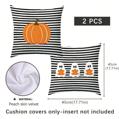 2pcs Halloween Black & White Striped Pumpkin Cartoon Ghost Pattern Pillow Covers, Single-Sided Printed Skin-Friendly Peach Skin Velvet Material, 45*45CM Pillow Covers Suitable For Home Room Bedroom Li