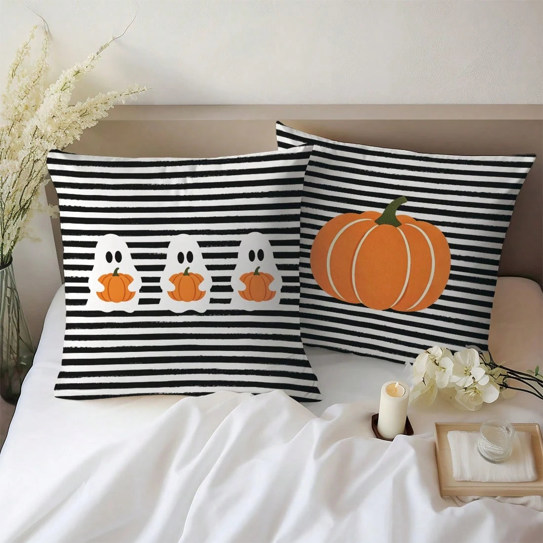2pcs Halloween Black & White Striped Pumpkin Cartoon Ghost Pattern Pillow Covers, Single-Sided Printed Skin-Friendly Peach Skin Velvet Material, 45*45CM Pillow Covers Suitable For Home Room Bedroom Li