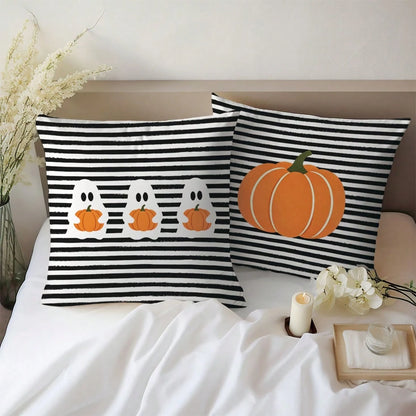 2pcs Halloween Black & White Striped Pumpkin Cartoon Ghost Pattern Pillow Covers, Single-Sided Printed Skin-Friendly Peach Skin Velvet Material, 45*45CM Pillow Covers Suitable For Home Room Bedroom Li