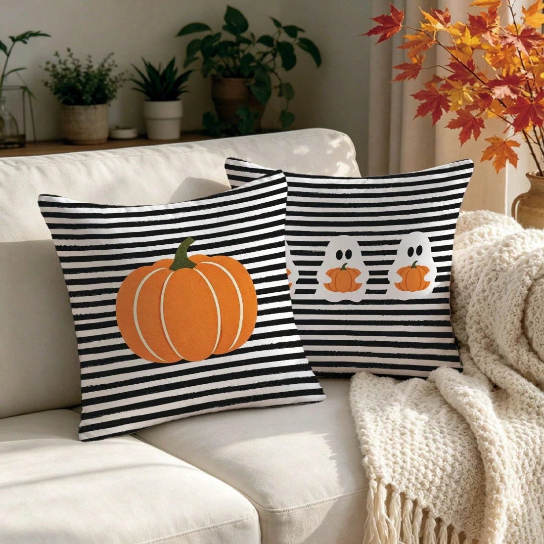 2pcs Halloween Black & White Striped Pumpkin Cartoon Ghost Pattern Pillow Covers, Single-Sided Printed Skin-Friendly Peach Skin Velvet Material, 45*45CM Pillow Covers Suitable For Home Room Bedroom Li