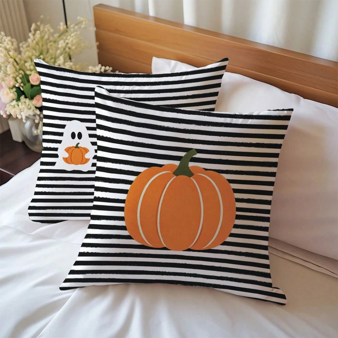 2pcs Halloween Black & White Striped Pumpkin Cartoon Ghost Pattern Pillow Covers, Single-Sided Printed Skin-Friendly Peach Skin Velvet Material, 45*45CM Pillow Covers Suitable For Home Room Bedroom Li