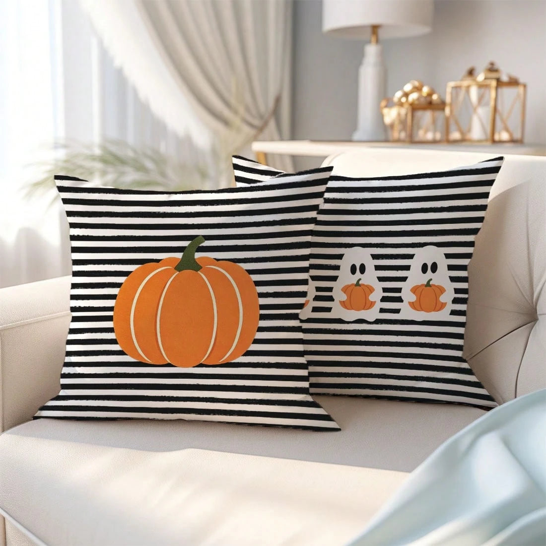 2pcs Halloween Black & White Striped Pumpkin Cartoon Ghost Pattern Pillow Covers, Single-Sided Printed Skin-Friendly Peach Skin Velvet Material, 45*45CM Pillow Covers Suitable For Home Room Bedroom Li