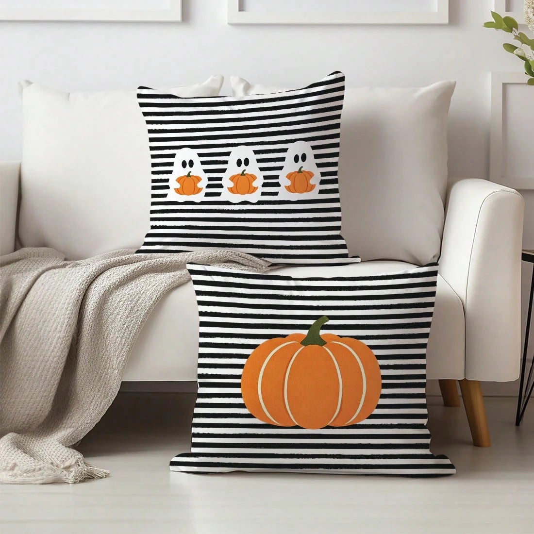2pcs Halloween Black & White Striped Pumpkin Cartoon Ghost Pattern Pillow Covers, Single-Sided Printed Skin-Friendly Peach Skin Velvet Material, 45*45CM Pillow Covers Suitable For Home Room Bedroom Li