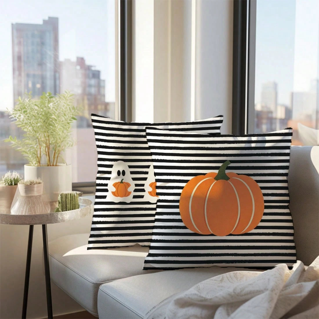 2pcs Halloween Black & White Striped Pumpkin Cartoon Ghost Pattern Pillow Covers, Single-Sided Printed Skin-Friendly Peach Skin Velvet Material, 45*45CM Pillow Covers Suitable For Home Room Bedroom Li