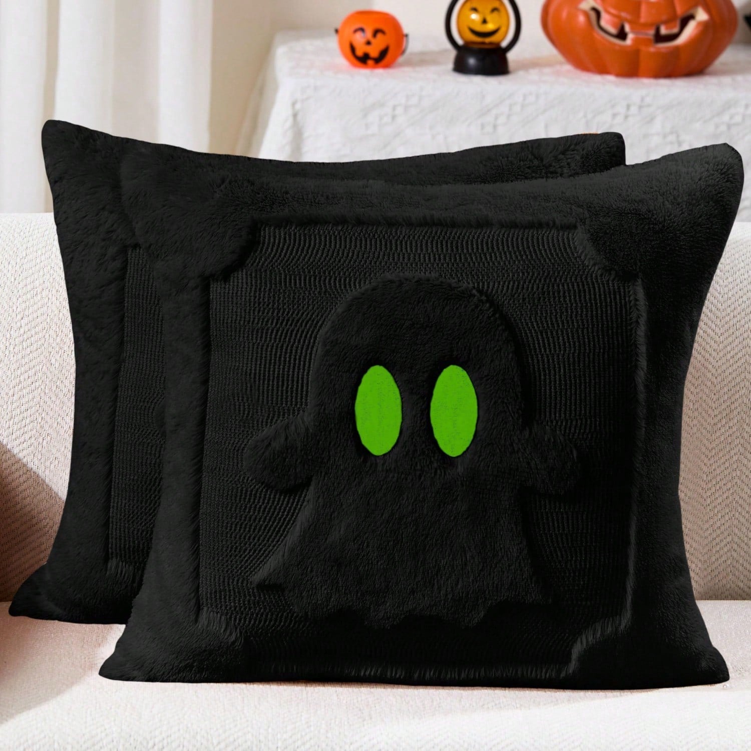 2Pcs Halloween Pillow Covers 18x18 Inch Black Eyes Beige Ghost Throw Pillow Cases Soft Plush Faux Fur Wool Couch Cushion Case For Chair Sofa Bedroom Living Room Home Decor
