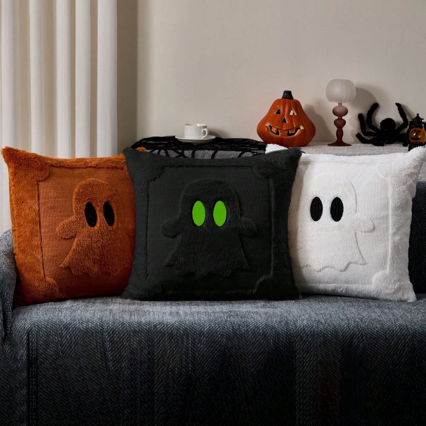 2Pcs Halloween Pillow Covers 18x18 Inch Black Eyes Beige Ghost Throw Pillow Cases Soft Plush Faux Fur Wool Couch Cushion Case For Chair Sofa Bedroom Living Room Home Decor