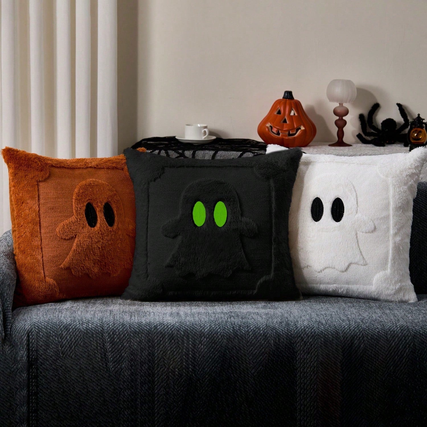2Pcs Halloween Pillow Covers 18x18 Inch Black Eyes Beige Ghost Throw Pillow Cases Soft Plush Faux Fur Wool Couch Cushion Case For Chair Sofa Bedroom Living Room Home Decor