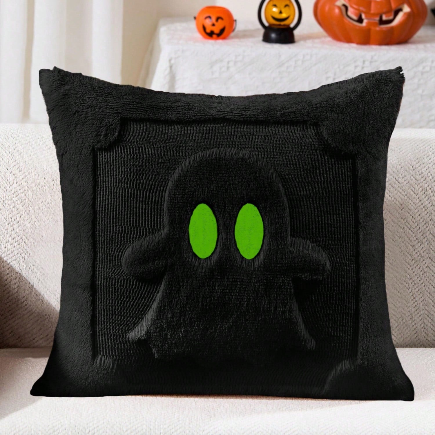 2Pcs Halloween Pillow Covers 18x18 Inch Black Eyes Beige Ghost Throw Pillow Cases Soft Plush Faux Fur Wool Couch Cushion Case For Chair Sofa Bedroom Living Room Home Decor