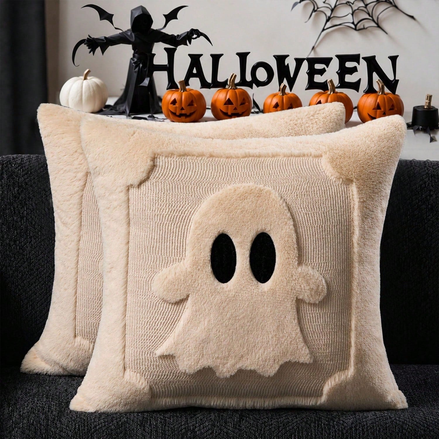 2Pcs Halloween Pillow Covers 18x18 Inch Black Eyes Beige Ghost Throw Pillow Cases Soft Plush Faux Fur Wool Couch Cushion Case For Chair Sofa Bedroom Living Room Home Decor