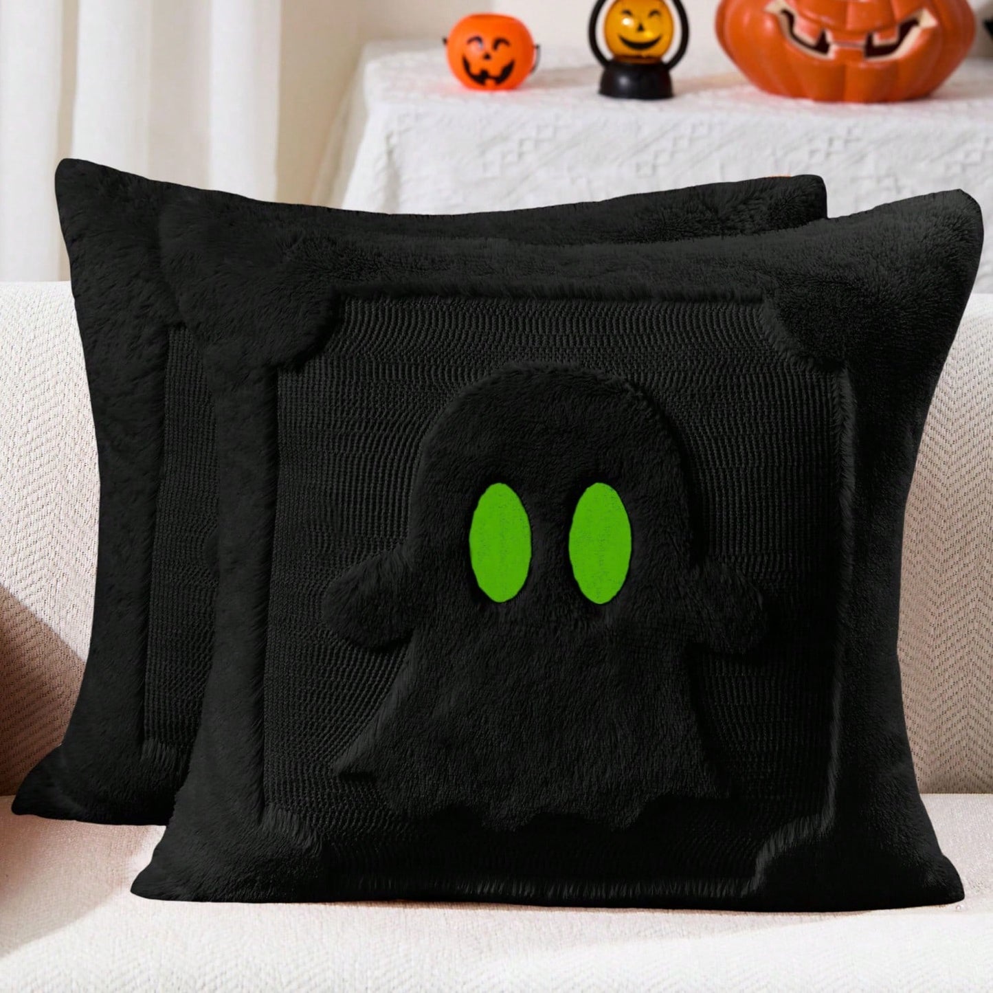 2Pcs Halloween Pillow Covers 18x18 Inch Black Eyes Beige Ghost Throw Pillow Cases Soft Plush Faux Fur Wool Couch Cushion Case For Chair Sofa Bedroom Living Room Home Decor