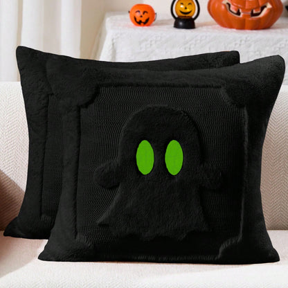2Pcs Halloween Pillow Covers 18x18 Inch Black Eyes Beige Ghost Throw Pillow Cases Soft Plush Faux Fur Wool Couch Cushion Case For Chair Sofa Bedroom Living Room Home Decor