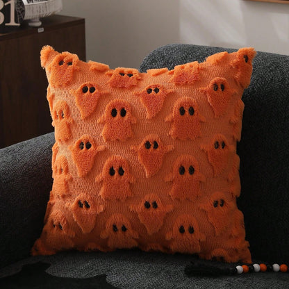 2Pcs Halloween Pillow Covers 18x18 Inch White Ghost Throw Pillow Cases Soft Plush Faux Fur Wool Couch Cushion Case For Chair Sofa Bedroom Living Room Home Decor