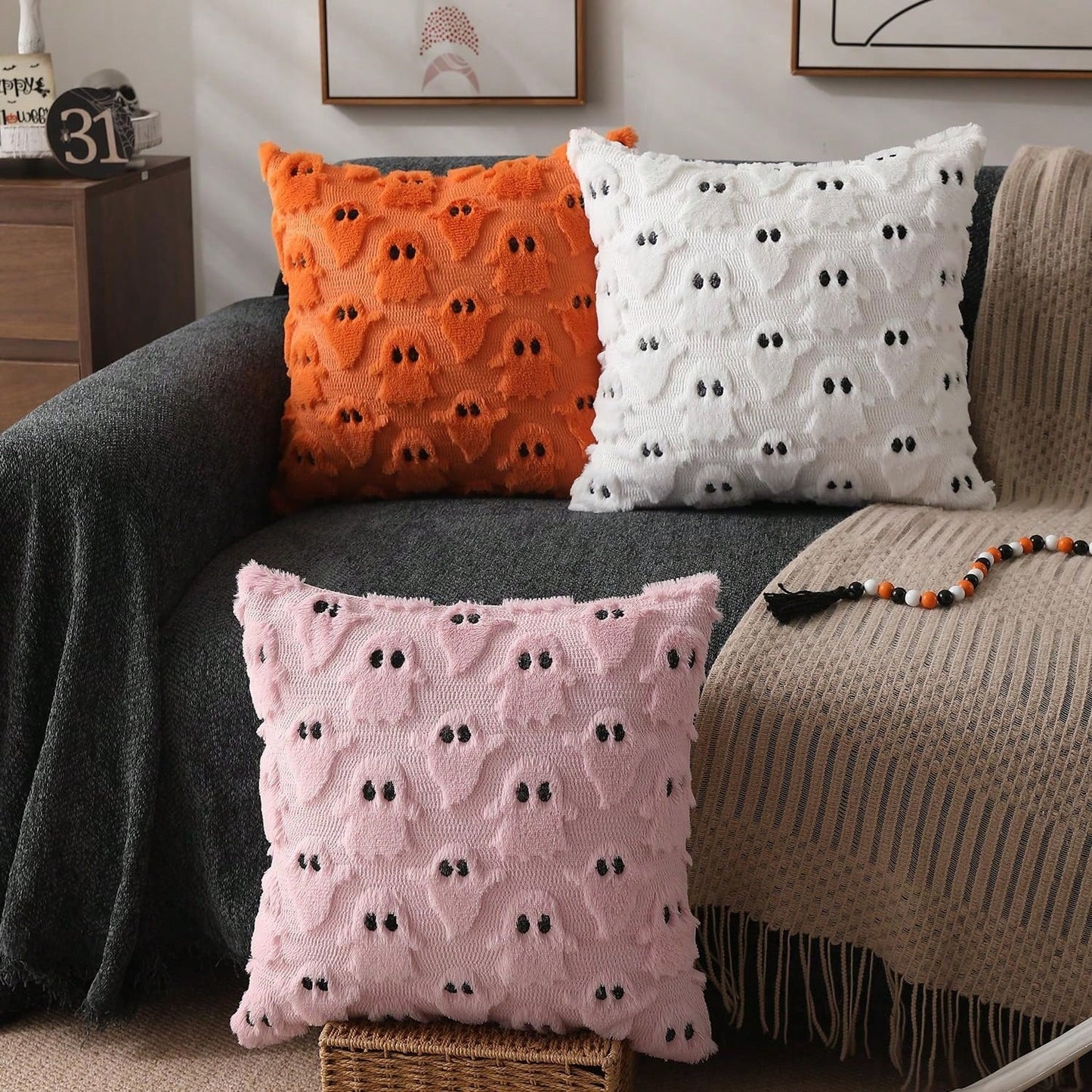 2Pcs Halloween Pillow Covers 18x18 Inch White Ghost Throw Pillow Cases Soft Plush Faux Fur Wool Couch Cushion Case For Chair Sofa Bedroom Living Room Home Decor