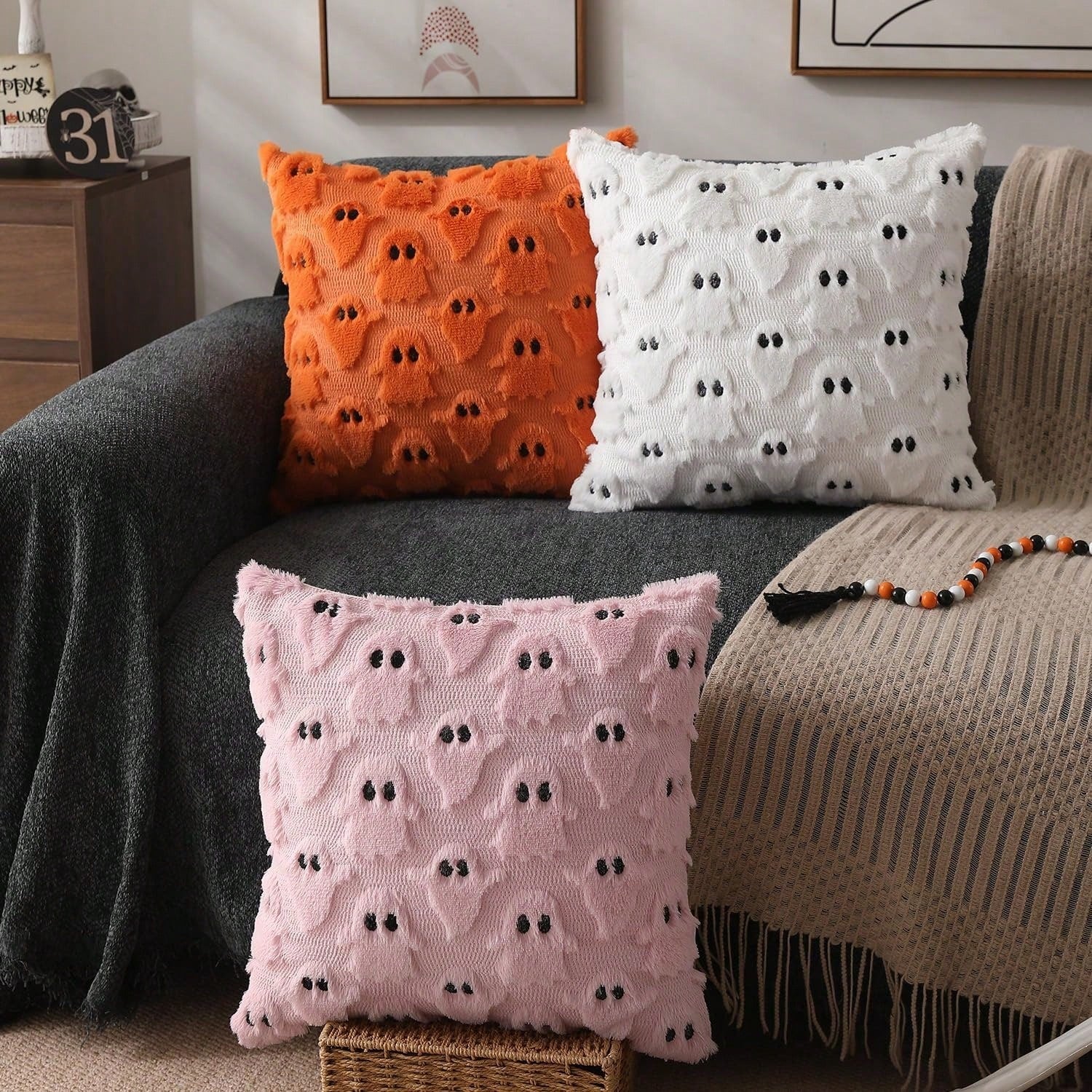 2Pcs Halloween Pillow Covers 18x18 Inch White Ghost Throw Pillow Cases Soft Plush Faux Fur Wool Couch Cushion Case For Chair Sofa Bedroom Living Room Home Decor