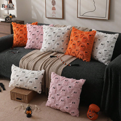 2Pcs Halloween Pillow Covers 18x18 Inch White Ghost Throw Pillow Cases Soft Plush Faux Fur Wool Couch Cushion Case For Chair Sofa Bedroom Living Room Home Decor
