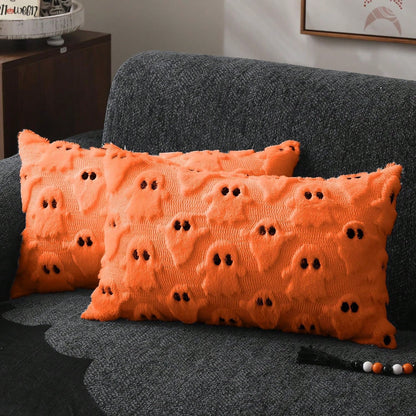 2Pcs Halloween Pillow Covers 18x18 Inch White Ghost Throw Pillow Cases Soft Plush Faux Fur Wool Couch Cushion Case For Chair Sofa Bedroom Living Room Home Decor