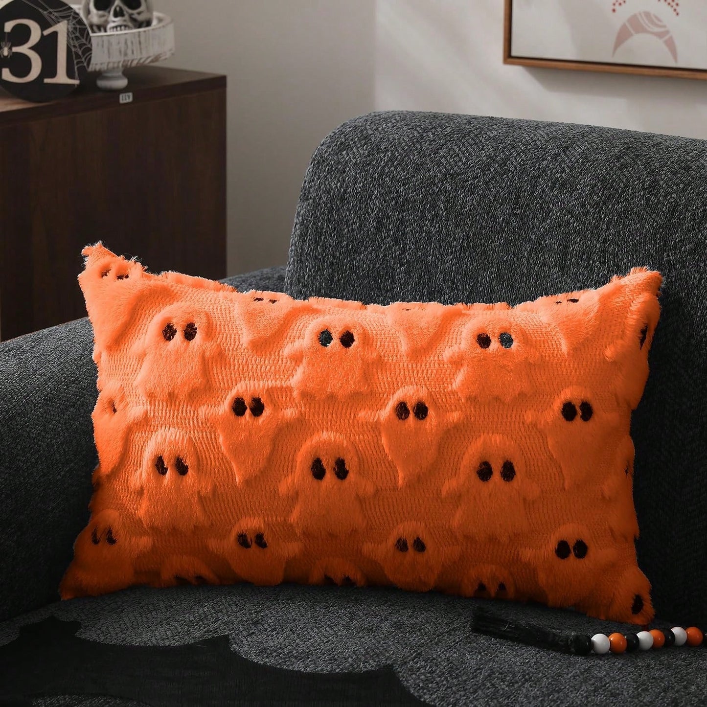 2Pcs Halloween Pillow Covers 18x18 Inch White Ghost Throw Pillow Cases Soft Plush Faux Fur Wool Couch Cushion Case For Chair Sofa Bedroom Living Room Home Decor