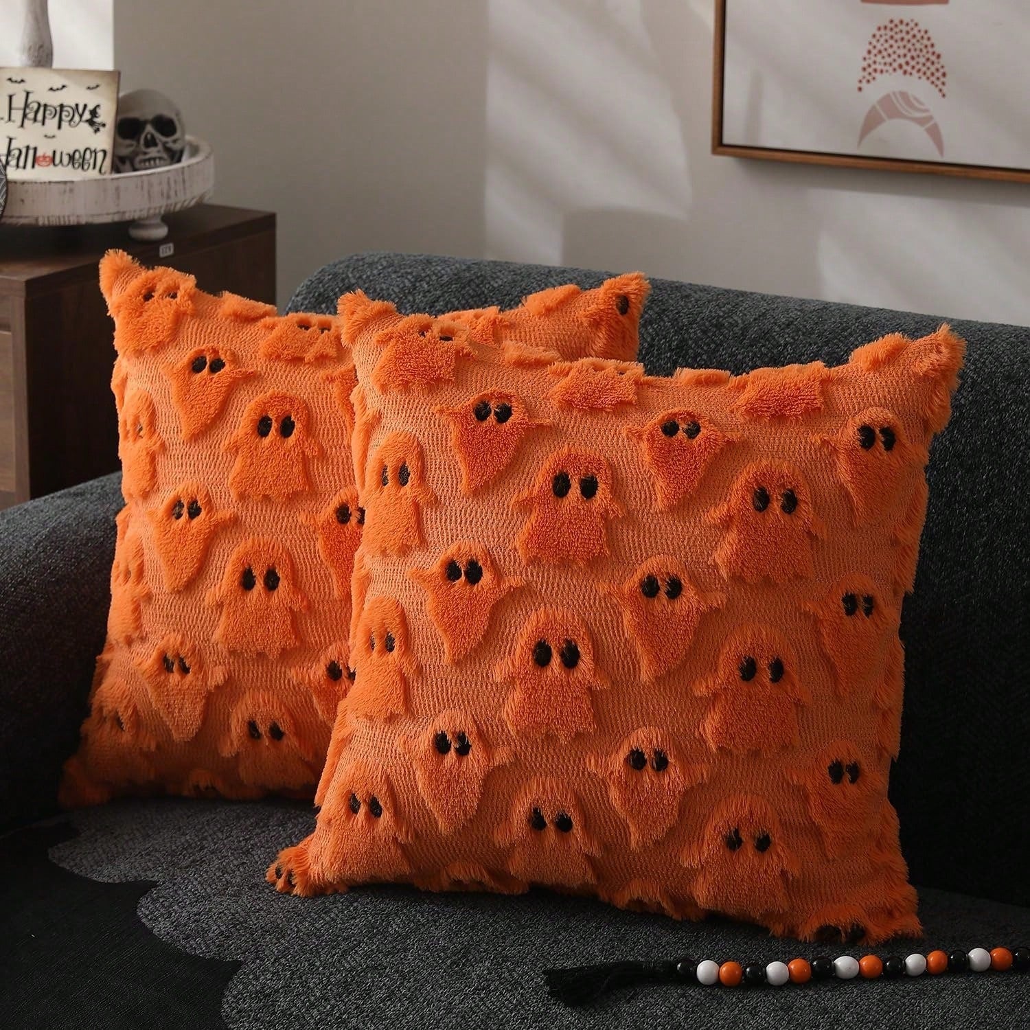 2Pcs Halloween Pillow Covers 18x18 Inch White Ghost Throw Pillow Cases Soft Plush Faux Fur Wool Couch Cushion Case For Chair Sofa Bedroom Living Room Home Decor