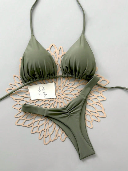 2Pcs Heart Beach Casual Cute Elegant Sexy Bohemian Braided Lace-Up Bikini Swimwear For Beach Vacation Spring Summer, Euro Summer