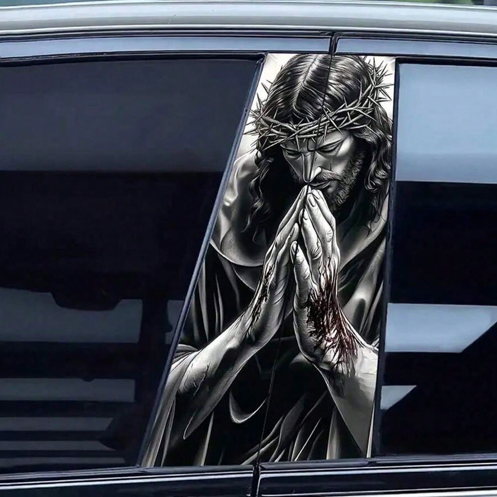 2pcs Jesus Prayer Pattern Vinyl Stickers, Car Door Pillar Protective Stickers- B Pillar, Easy To Apply And Remove, UV-Resistant, Waterproof, Scratch-Resistant Car Decal