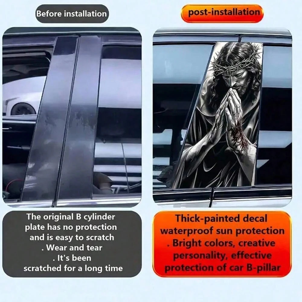2pcs Jesus Prayer Pattern Vinyl Stickers, Car Door Pillar Protective Stickers- B Pillar, Easy To Apply And Remove, UV-Resistant, Waterproof, Scratch-Resistant Car Decal