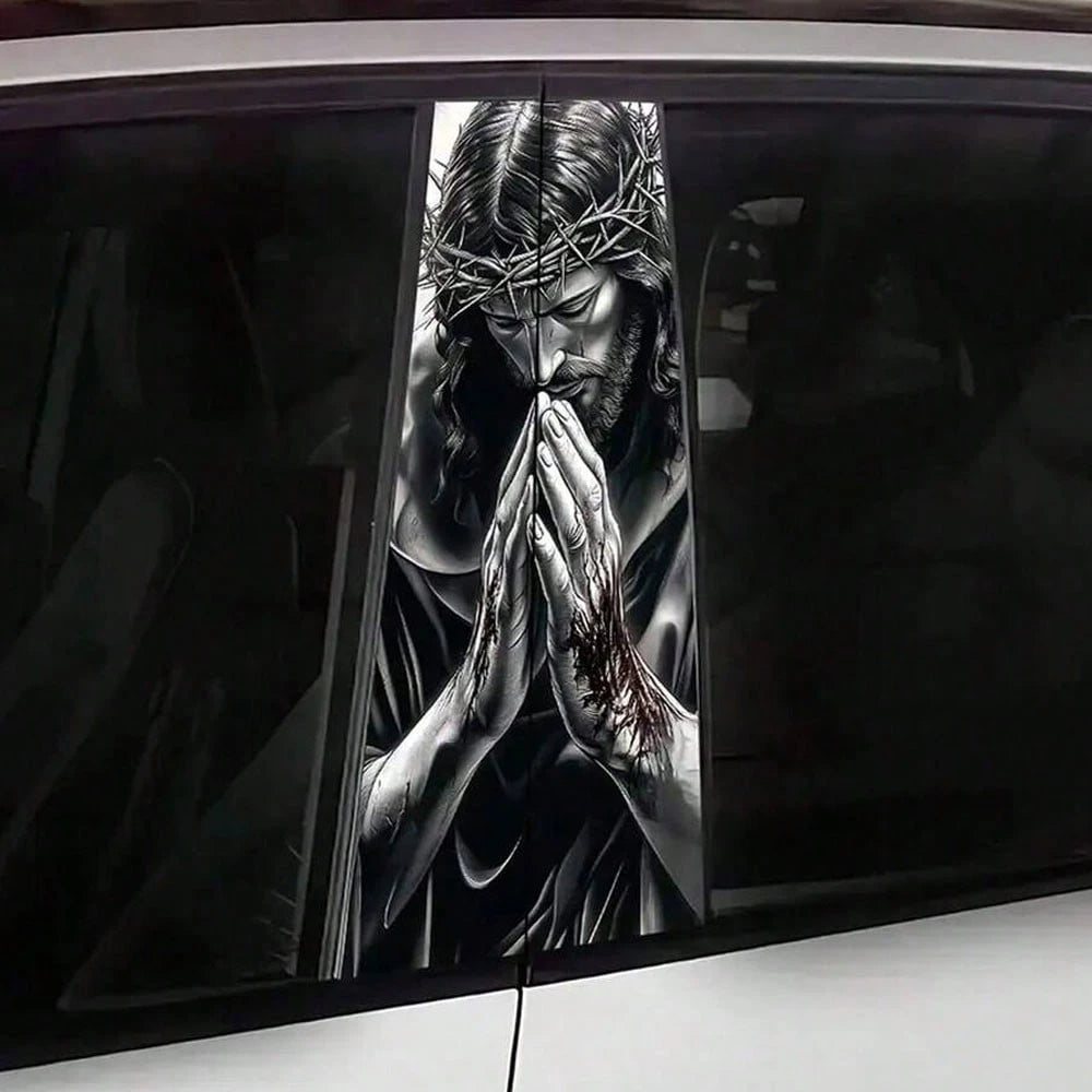 2pcs Jesus Prayer Pattern Vinyl Stickers, Car Door Pillar Protective Stickers- B Pillar, Easy To Apply And Remove, UV-Resistant, Waterproof, Scratch-Resistant Car Decal