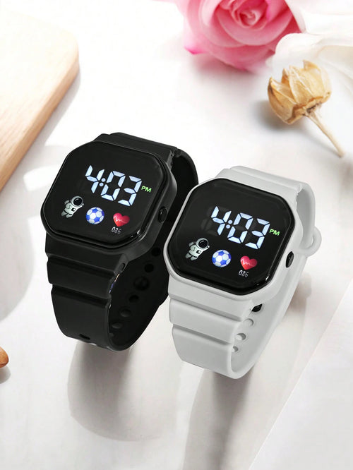 2pcs Kids Black & Pink Casual Sports Football Heart-Shaped Square LED Electronic Watch, Back To School