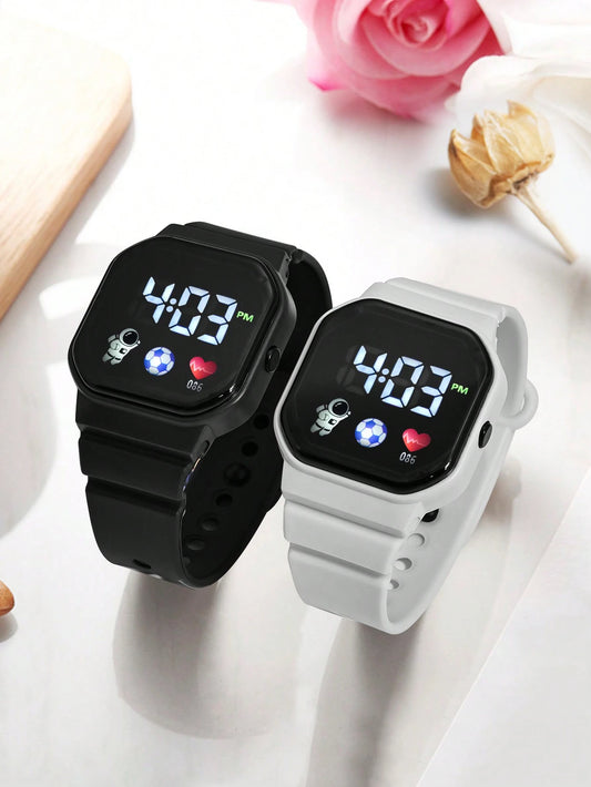 2pcs Kids Black & Pink Casual Sports Football Heart-Shaped Square LED Electronic Watch, Back To School