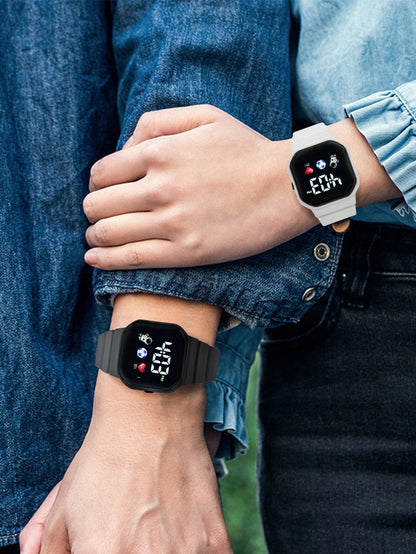 2pcs Kids Black & Pink Casual Sports Football Heart-Shaped Square LED Electronic Watch, Back To School