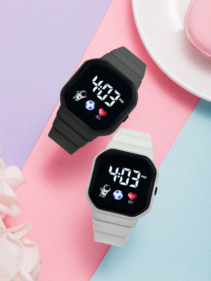 2pcs Kids Black & Pink Casual Sports Football Heart-Shaped Square LED Electronic Watch, Back To School