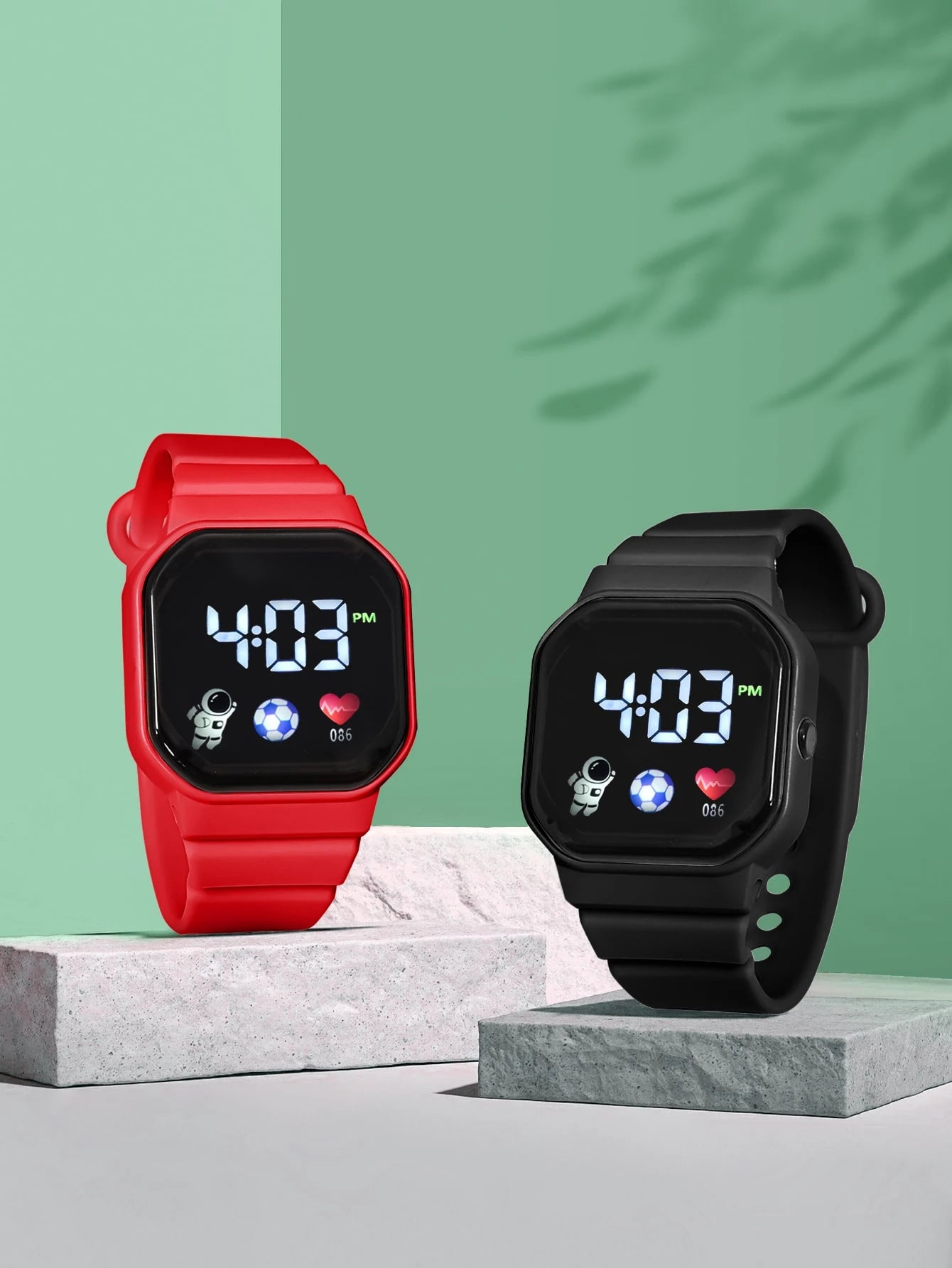 2pcs Kids Black & Pink Casual Sports Football Heart-Shaped Square LED Electronic Watch, Back To School