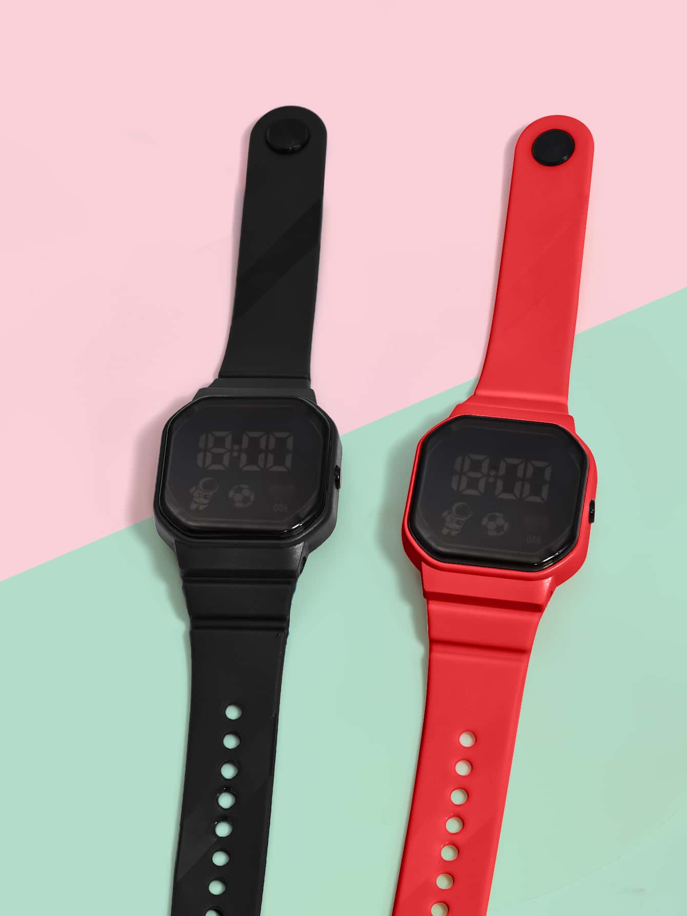 2pcs Kids Black & Pink Casual Sports Football Heart-Shaped Square LED Electronic Watch, Back To School