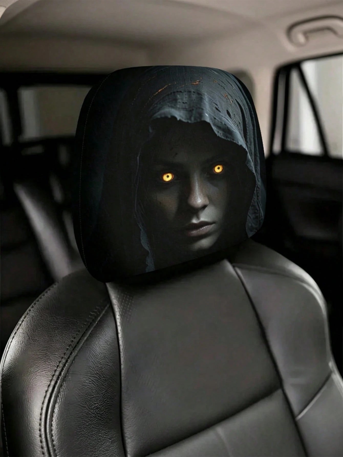 2pcs Modern Style Hooded Bright-Eyed Mysterious Portrait Pattern Car Headrest Covers/Car Seat Covers, Showcasing Individual Charm- Elastic Design For Easy Installation- Suitable For All Car Models,(