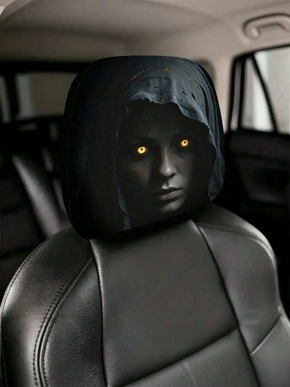 2pcs Modern Style Hooded Bright-Eyed Mysterious Portrait Pattern Car Headrest Covers/Car Seat Covers, Showcasing Individual Charm- Elastic Design For Easy Installation- Suitable For All Car Models,(