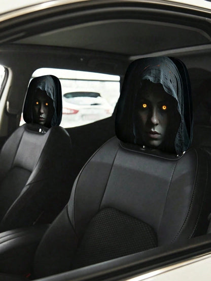 2pcs Modern Style Hooded Bright-Eyed Mysterious Portrait Pattern Car Headrest Covers/Car Seat Covers, Showcasing Individual Charm- Elastic Design For Easy Installation- Suitable For All Car Models,(