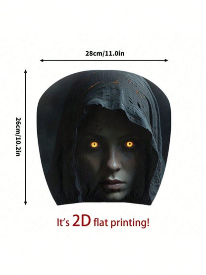 2pcs Modern Style Hooded Bright-Eyed Mysterious Portrait Pattern Car Headrest Covers/Car Seat Covers, Showcasing Individual Charm- Elastic Design For Easy Installation- Suitable For All Car Models,(