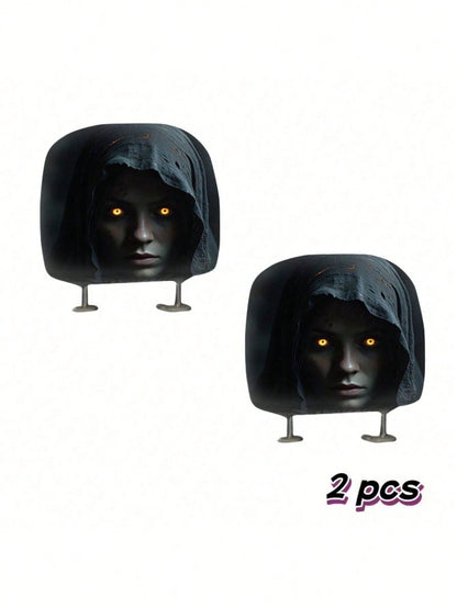 2pcs Modern Style Hooded Bright-Eyed Mysterious Portrait Pattern Car Headrest Covers/Car Seat Covers, Showcasing Individual Charm- Elastic Design For Easy Installation- Suitable For All Car Models,(