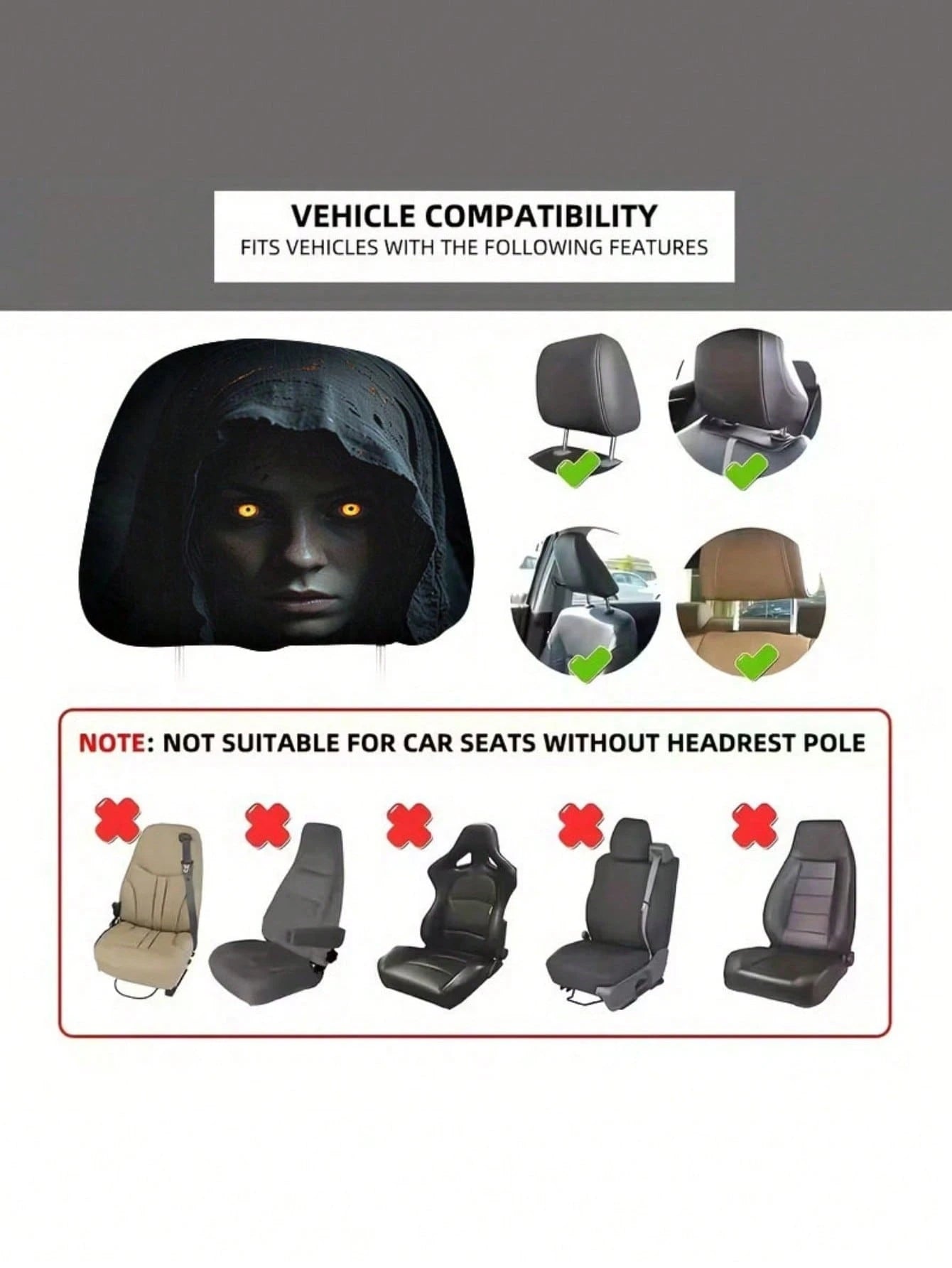 2pcs Modern Style Hooded Bright-Eyed Mysterious Portrait Pattern Car Headrest Covers/Car Seat Covers, Showcasing Individual Charm- Elastic Design For Easy Installation- Suitable For All Car Models,(