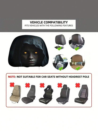 2pcs Modern Style Hooded Bright-Eyed Mysterious Portrait Pattern Car Headrest Covers/Car Seat Covers, Showcasing Individual Charm- Elastic Design For Easy Installation- Suitable For All Car Models,(