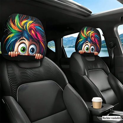 2pcs Modern Style Hooded Bright-Eyed Mysterious Portrait Pattern Car Headrest Covers/Car Seat Covers, Showcasing Individual Charm- Elastic Design For Easy Installation- Suitable For All Car Models,(