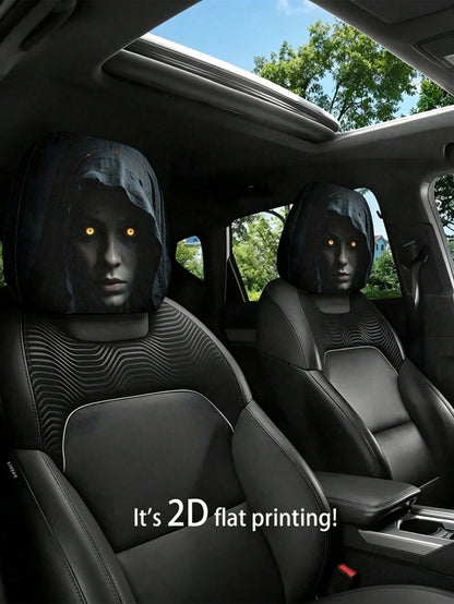 2pcs Modern Style Hooded Bright-Eyed Mysterious Portrait Pattern Car Headrest Covers/Car Seat Covers, Showcasing Individual Charm- Elastic Design For Easy Installation- Suitable For All Car Models,(